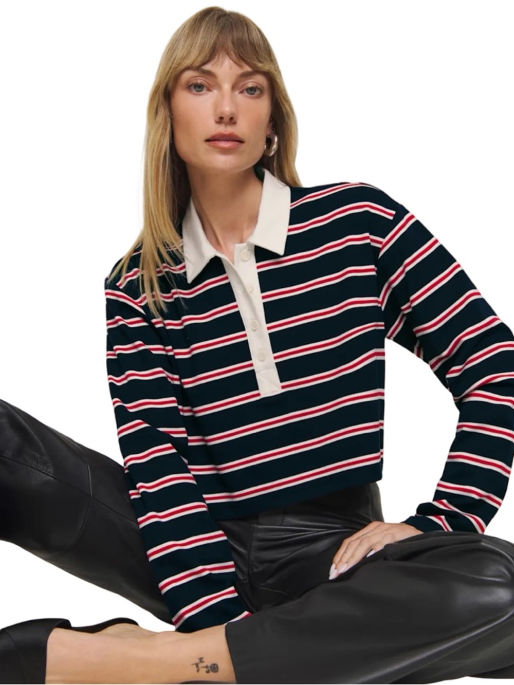 House of Harlow 1960 Striped Rugby Polo Crop Top Navy Red XS NWT